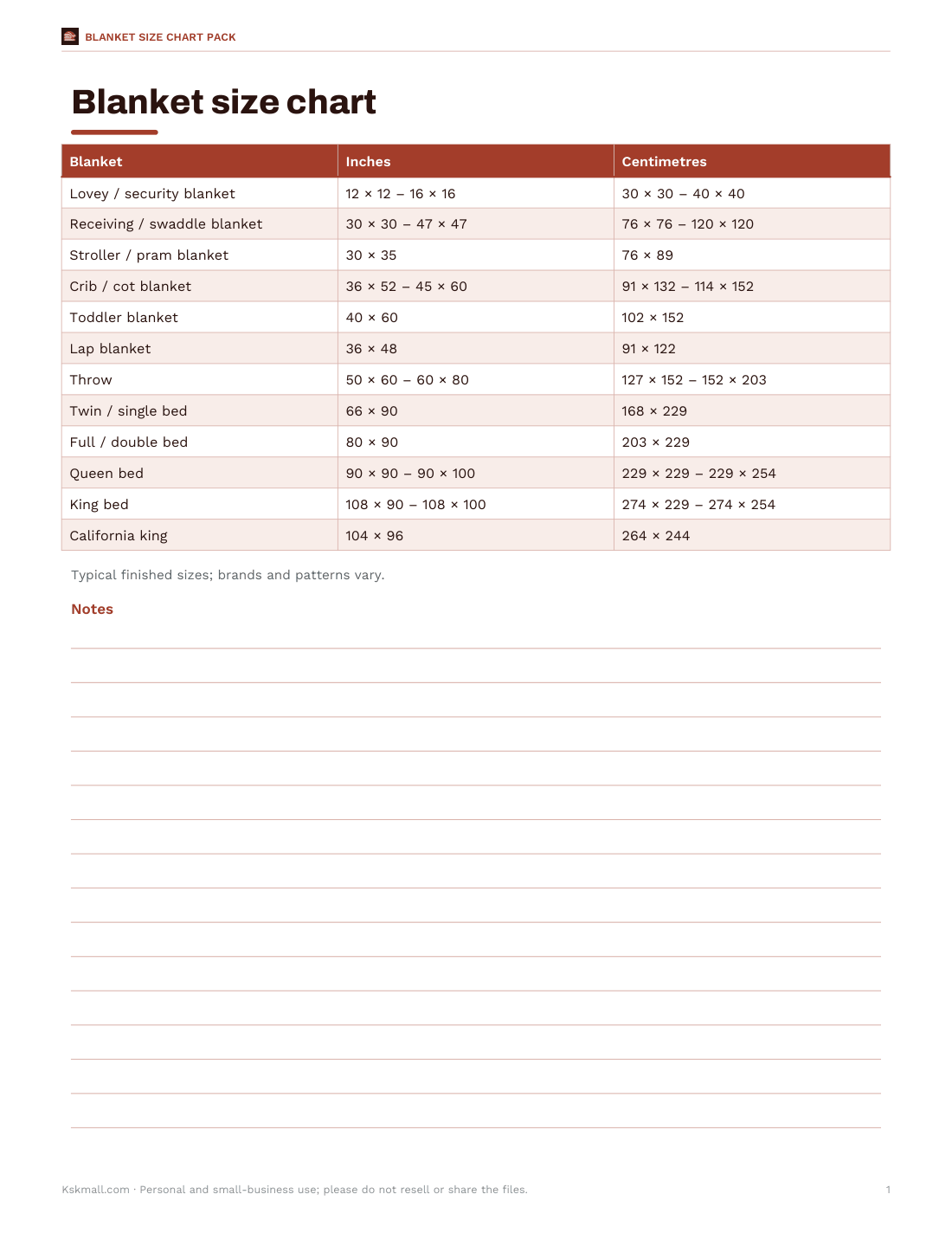 Preview of the first page of Size chart (PDF/XLSX)